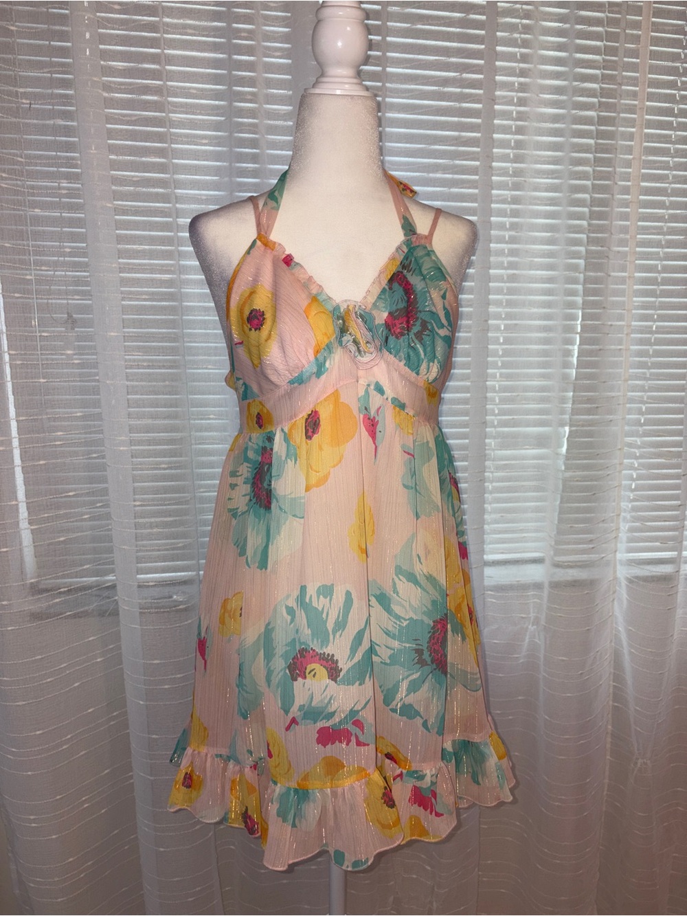 Betsey Johnson Pink Halter Chemise with Yellow & Teal Floral Print